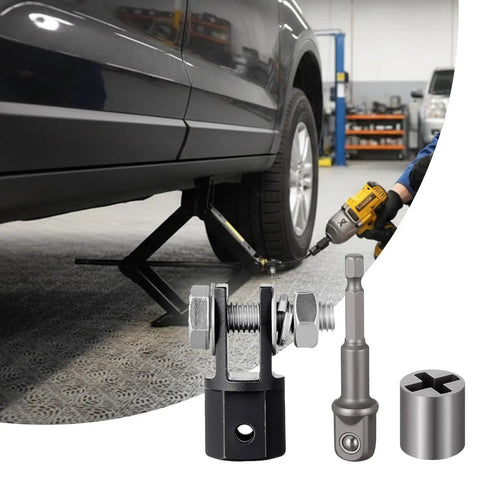 Three Piece Scissor Jack Adapter Set For Cars Includes Universal Jack Socket Converter and adapters with car and drill in use