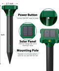 Solar Powered Mole And Gopher Deterrent Eight Pack With Ultrasonic Waves And Ground Vibrations For Lawns And Yards Waterproof IP65 Outdoor Pest Control For Groundhogs Voles Armadillos Chipmunks And Snakes showing product dimensions, solar panel, and power button details