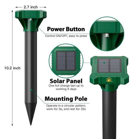 Solar Powered Mole And Gopher Deterrent Eight Pack With Ultrasonic Waves And Ground Vibrations For Lawns And Yards Waterproof IP65 Outdoor Pest Control For Groundhogs Voles Armadillos Chipmunks And Snakes showing product dimensions, solar panel, and power button details