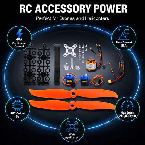 Pro Grade 2212 KV1400 Motor With 40A XT60 ESC SG90 Servo And 8060 Prop Kit for RC drones, includes motor, ESC, servo, props