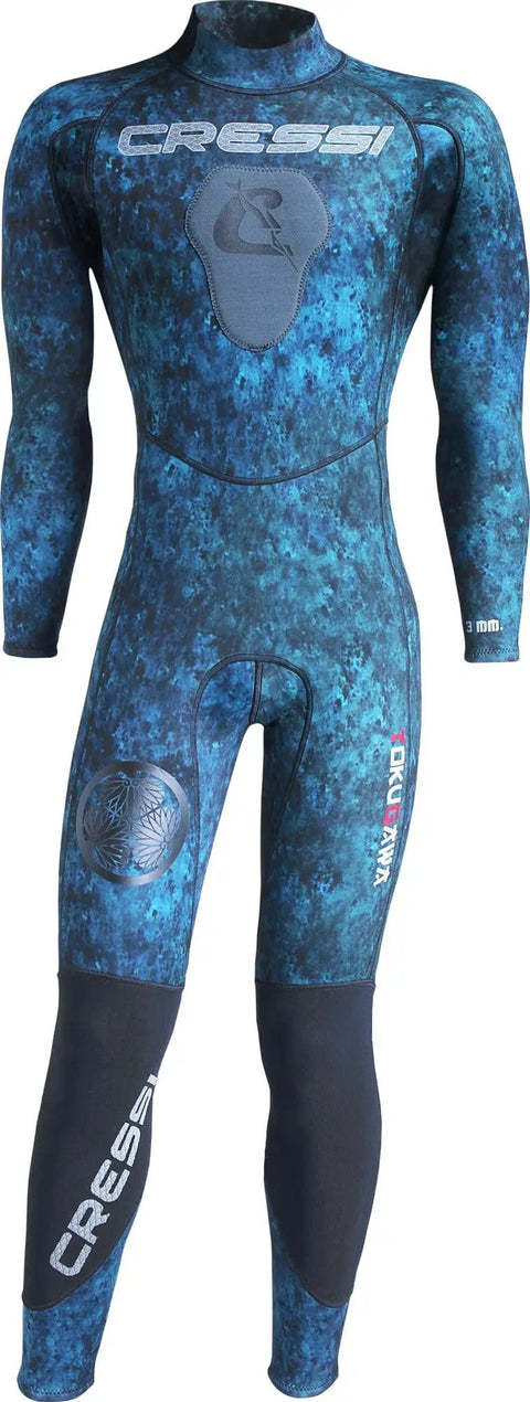 Tokugawa 3mm Wetsuit For Spearfishing And Freediving With Blue Camouflage Nylon One Piece, Training Suit Built For Blue Water Training And Pool Practice, Lightweight Flexible Fit Size XL