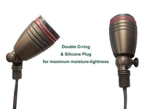 Beefy Solid Brass Landscape Spotlight With 5W MR16 LED Bulb showing double O-ring and silicone plug for moisture-tightness