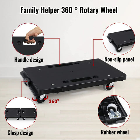 Heavy Duty Furniture Dolly With Interlocking 4 Wheel Flat Dollies 16 X 11 Inches 500 LB Capacity, highlights handle, non-slip panel, and rubber wheels