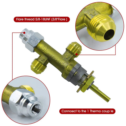 Low Pressure LPG Propane Gas Fireplace Fire Pit Flame Failure Safety Control Valve Kit With Three Eighth Inch Male Flare Swivel And Five Eighth UNEF Thread Fittings Easy Install - close-up of valve mechanisms and fittings