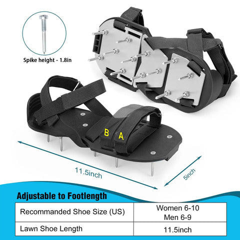Pre Assembled Lawn Aerator Shoes For Grass With Aluminum Base, Adjustable Velcro Straps, Medium Size Black with Size Chart
