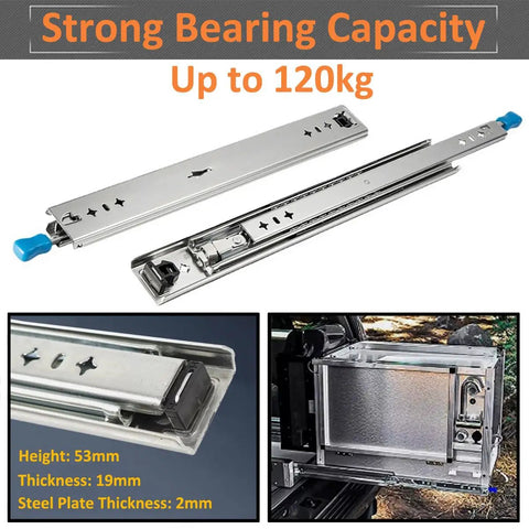 Workhorse Grade Full Extension Drawer Slides Secured With A Dead Easy Lock And Smooth As Silk Glide Heavy Duty Three Piece Rail Kit for 120kg capacity