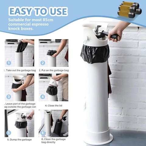 Heavy Duty Knock Box Trash Bags for Commercial Coffee Stations in use with floor-standing coffee box for easy waste disposal