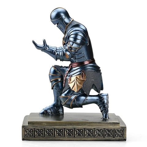 Blue finish Medieval Armor Knight Pen Holder For Desk Organizer Resin Pencil Holder And Paperweight Gift shown on a stand