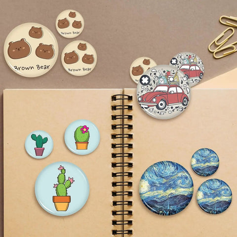 Dope 58mm Button Maker Kit For DIY Badges With 100 Sets And 10 Bonus Keychains, featuring diverse badge designs on paper.