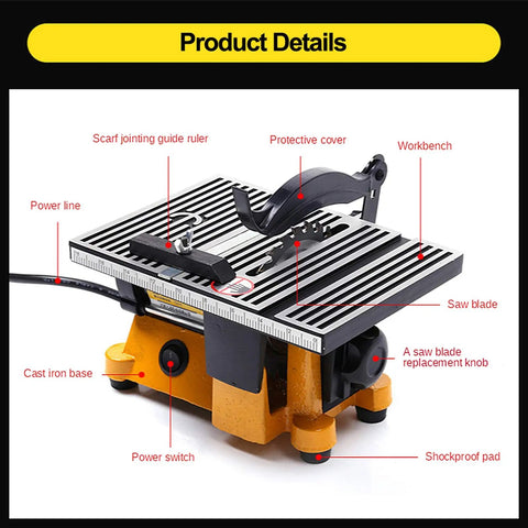 Compact Desktop Table Saw With Diamond And Manganese Blades For Slick Wood Or Metal Cuts Up To Half Inch Deep, showing protective cover and cast iron base.