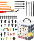 Universal 1240-Piece Car Push Retainer Clips And Fasteners Kit with storage box, cable ties, and tools shown in image