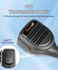 Close-up of rugged pro-grade shoulder microphone with PTT button for walkie talkies, showing K Head 2 pin plug detail.
