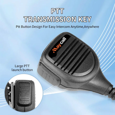 Close-up of rugged pro-grade shoulder microphone with PTT button for walkie talkies, showing K Head 2 pin plug detail.