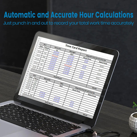 Straight Up Standalone Fingerprint Time Clock For Small Business Dead Simple Hour Tracker showing time card report on laptop.