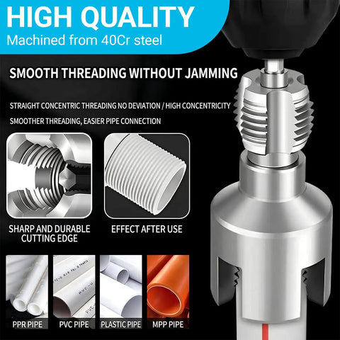 Close-up of Heavy Duty 1/2 Inch Pvc Pipe Threader Tool with 40Cr steel construction for precise internal and external threading.