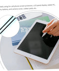 Person using stylus on tablet near Dual Sided LCD Screen Repair Tape 10 Pack for Laptop And Phone Battery Removal With Quick Release Tabs Pro Grade Adhesive Flexible And Easy Peel Ideal For DIY Device Repairs.