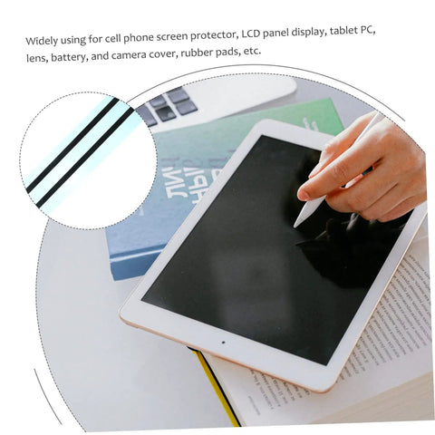 Person using stylus on tablet near Dual Sided LCD Screen Repair Tape 10 Pack for Laptop And Phone Battery Removal With Quick Release Tabs Pro Grade Adhesive Flexible And Easy Peel Ideal For DIY Device Repairs.