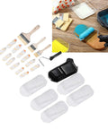 Pro Level Microfiber Paint Roller Set With Beefy Frame And Spill Tray Including Five Mega Grip Rollers And Three Soft Touch Brushes, featuring brushes, rollers, and trays.