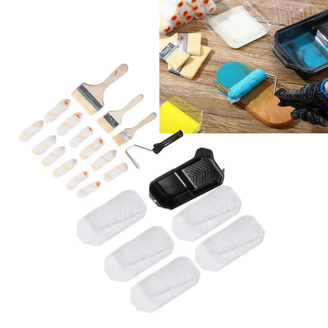 Pro Level Microfiber Paint Roller Set With Beefy Frame And Spill Tray Including Five Mega Grip Rollers And Three Soft Touch Brushes, featuring brushes, rollers, and trays.