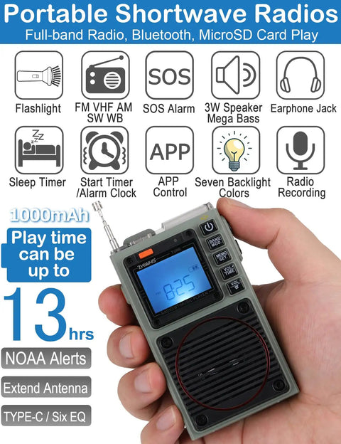Hand holding Tiny But Mighty Shortwave Radio With 7 Backlight Colors, App Control, AM FM VHF SW WB Receiver, Bluetooth Streaming