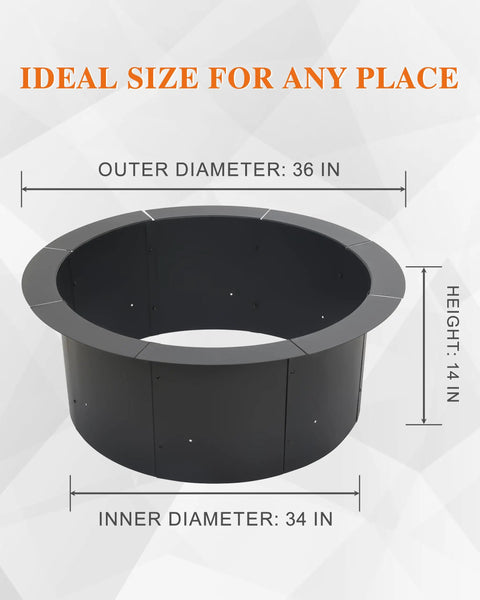 Diagram showing dimensions of 36 Inch Heavy Duty Fire Pit Ring For Outdoor Wood Burning And Campfires, Durable Metal Round Fire Pit.