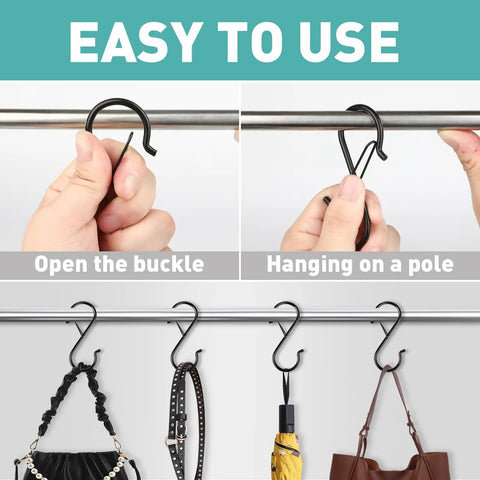 Tough As Nails Heavy Duty S Hooks With Secure Locking Clips 12 Pack shown hanging on a pole, demonstrating ease of use for organizing.