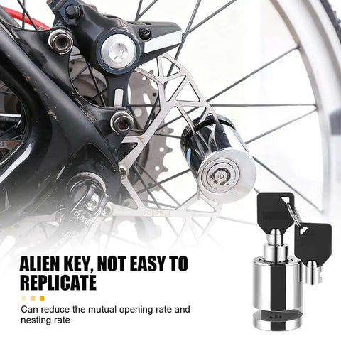 Rugged As Hell Motorcycle Disc Brake Lock with Two Keys installed on a bike, showing zinc alloy body and secure fit on the disc.