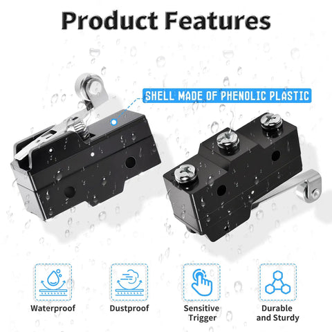 Two TM-1704 Micro Limit Switches with Pivot Roller Lever, featuring phenolic shell, 15A 250VAC SPDT 1NO+1NC, waterproof design.