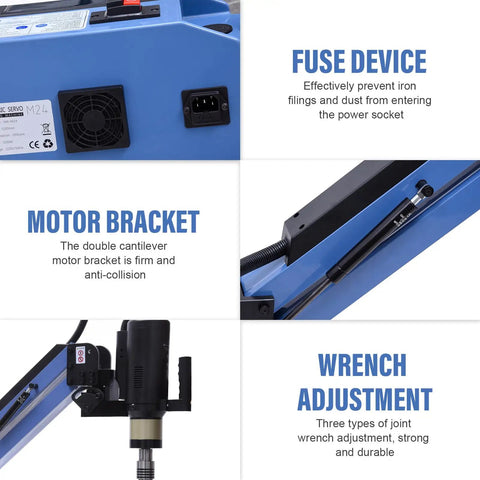Heavy Duty Electric Servo Tapping Machine Up To M24 With Kickass Torque Protection showing fuse device, motor bracket, and wrench adjustment features.