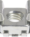 Close-up of heavy duty 10-24 square hole cage nut showcasing its spring steel material for server rack mounting.