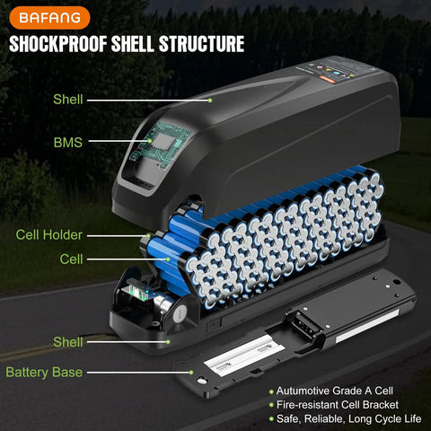 Diagram of 48V 20Ah Ebike Battery With CAN Protocol And 30A BMS For 0 To 1500W Motors showing internal components.