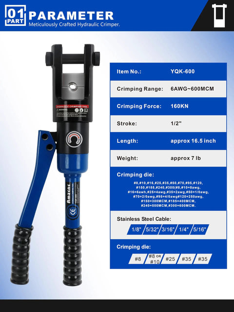 Beefy 16 Ton Hydraulic Cable Lug Crimper Kit For 9 AWG To 600 MCM Electrical Terminals, Heavy Duty Wire Tool Set With 13 Die Sets, Easy On Off Operation, Great For Auto, Electrical And Industrial Use