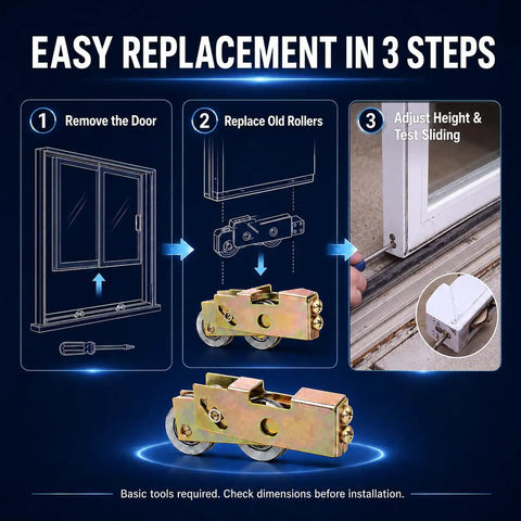 Easy replacement steps for Zero Hassle Sliding Door Roller Assembly Replacement Kit Featuring Dead Smooth Ball Bearing Steel Wheels And No Fuss Track Hardware For Patio And Closet Doors Two Pack.