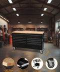 61-Inch Heavy-Duty Rolling Tool Chest And Mobile Workbench With 9 Drawers, Rubber Wood Tabletop, Key Locking System, Wheels