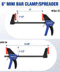 6 Inch Mini Bar Clamps For Woodworking, One Handed F Clamps And Spreaders, 4 Pack With 50 Lb Load, Throat One And A Half Inches, Screw Reverses To Convert To Spreader For Tight Glue Ups For Diyers, 6 in bar clamp and spreader diagram