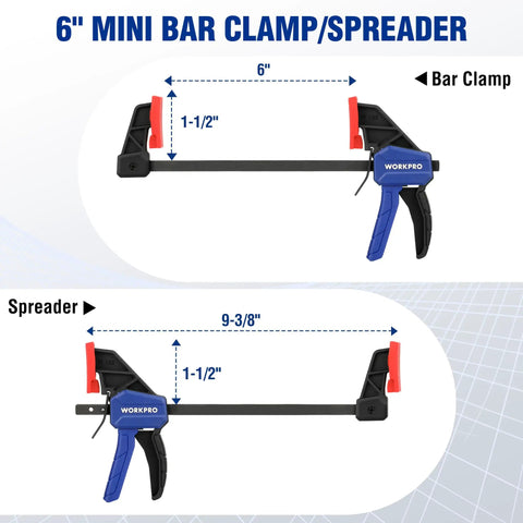 6 Inch Mini Bar Clamps For Woodworking, One Handed F Clamps And Spreaders, 4 Pack With 50 Lb Load, Throat One And A Half Inches, Screw Reverses To Convert To Spreader For Tight Glue Ups For Diyers, 6 in bar clamp and spreader diagram