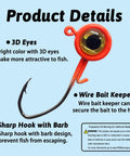 Crappie Jigs Set Of Twenty Jig Heads For Freshwater Fishing One Eighth Ounce Size With Sharp Carbon Steel Hooks And Bright Color Finishes Ideal For Crappie And Bass Lure Action And Faster Hookups Durable And Reliable, close-up of jig head with 3D eyes and wire bait keeper