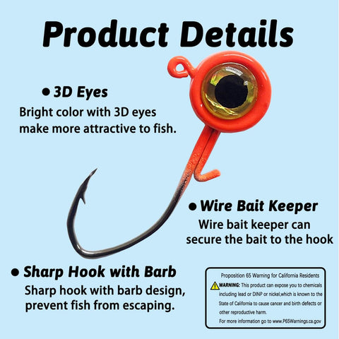 Crappie Jigs Set Of Twenty Jig Heads For Freshwater Fishing One Eighth Ounce Size With Sharp Carbon Steel Hooks And Bright Color Finishes Ideal For Crappie And Bass Lure Action And Faster Hookups Durable And Reliable, close-up of jig head with 3D eyes and wire bait keeper