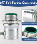 Rugged 1/2 Inch EMT Set Screw Connector With Insulated Throat Protection And Corrosion Resistant Zinc Plated Steel for electrical applications.