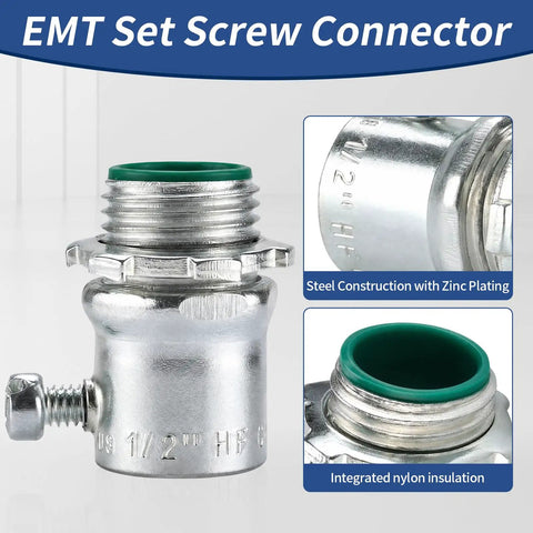 Rugged 1/2 Inch EMT Set Screw Connector With Insulated Throat Protection And Corrosion Resistant Zinc Plated Steel for electrical applications.