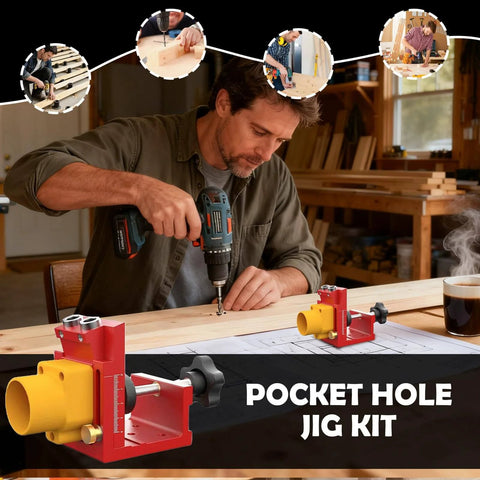 Man using Pocket Hole Drill Jig With Dust Collection For Cabinet Installation, Deck Building, And Desk Assembly on wood project