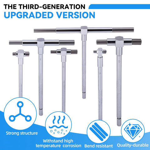 Six-piece chrome telescoping bore gauge set with lockable T-handle crossbars for precise bore measurement (Amazon).