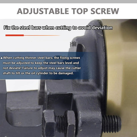Adjustable top screw of Heavy Duty Portable Electric Hydraulic Rebar Cutter for precise cutting of 4 to 25mm steel bars.