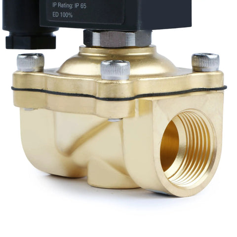 Close-up of Three Quarter Inch Brass Solenoid Valve, Normally Closed, 110V 120V AC, 145 PSI, NPT Connection for plumbing systems