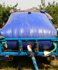 Foldable Soft PVC Water Storage Bag With Spout on flatbed, for camping farm RV trunk use, refillable bladder with quick connect faucet.