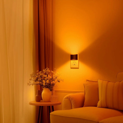 Cozy room with Two Pack Vintage LED Night Lights With 3000K Warm And 5000K Cool Dimmable Brightness, illuminating wall near sofa.