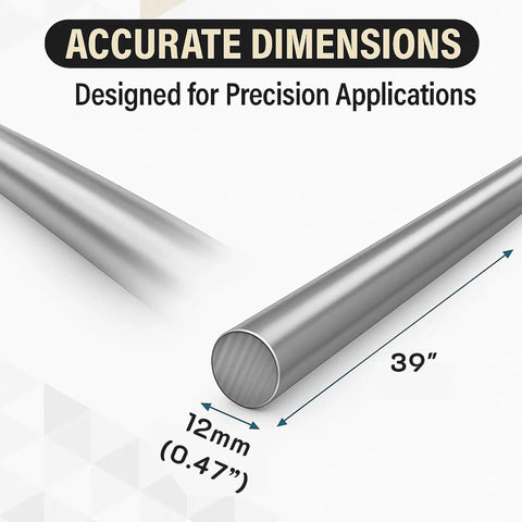 Sturdy 12mm Stainless Steel Round Bar Rod Grade 304 For DIY Projects 39 Inch Long Metal Rod shown with dimensions.