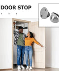 Two Pack Stainless Steel Door Stop With Sturdy Non Slip Base And Hemispherical Design No Drill Floor Stop shown near couple at door.