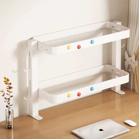 Clamp On Desk Shelf Organizer With Adjustable Two Tier Metal Rack And Four Hooks Space Saving Desktop Caddy for Home Office