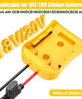 DeWalt 20V Battery Adapter With Beefy 14 Gauge Wire And Fuse Protection, top view showing 18V/20V compatibility text.